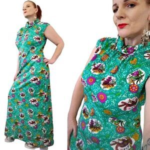VTG 60s Handmade Green Groovy Floral Print High Neck Maxi Dress Large